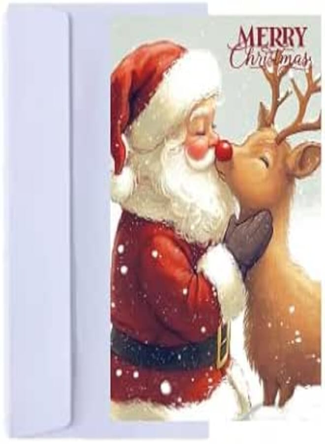 Christmas Greeting Card with Santa and Reindeer Design, Holiday Theme, Merry Christmas Message, White Envelope Included SIZE(27X19).